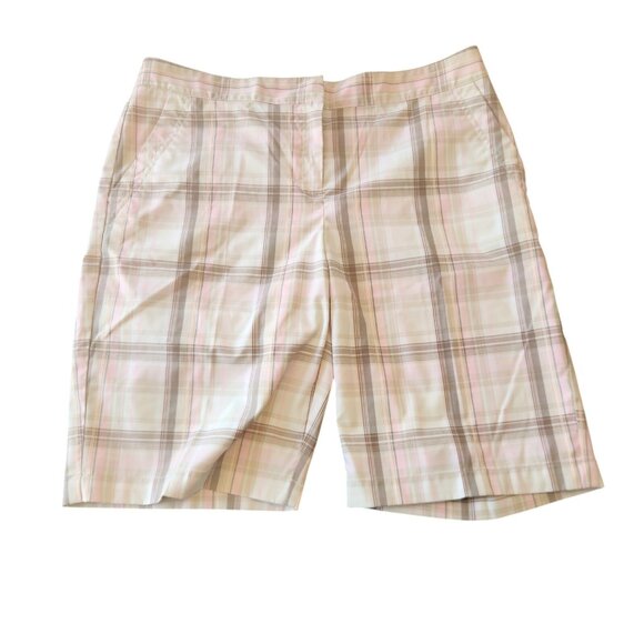 Izod‎ Performx Shorts Beige Pink Plaid Golf Casual Womens Size 10 11" Inseam EUC - Picture 1 of 13